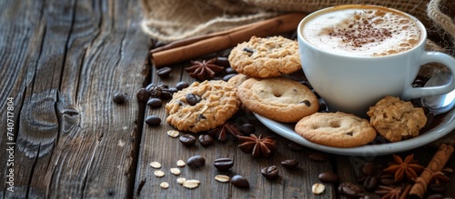 A plate with a cup of coffee and cookies sitting on a wooden table  perfect for a cozy snack time