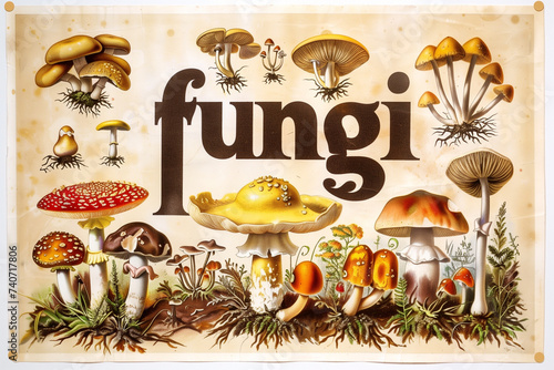 fungi vintage lithograph print illustration on textured cream paper poster  photo