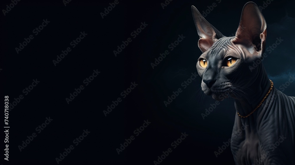 Sphynx cat on a dark background, copy space - generative ai
