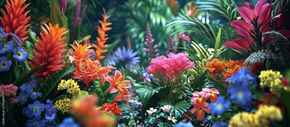 An array of vibrant flowers is blooming in a garden, adding color and beauty to the natural landscape. The colorful petals contrast against the green grass and shrubs, creating a picturesque scene An array of vibrant flowers is blooming in a garden, adding color and beauty to the natural landscape. The colorful petals contrast against the green grass and shrubs, creating a picturesque scene