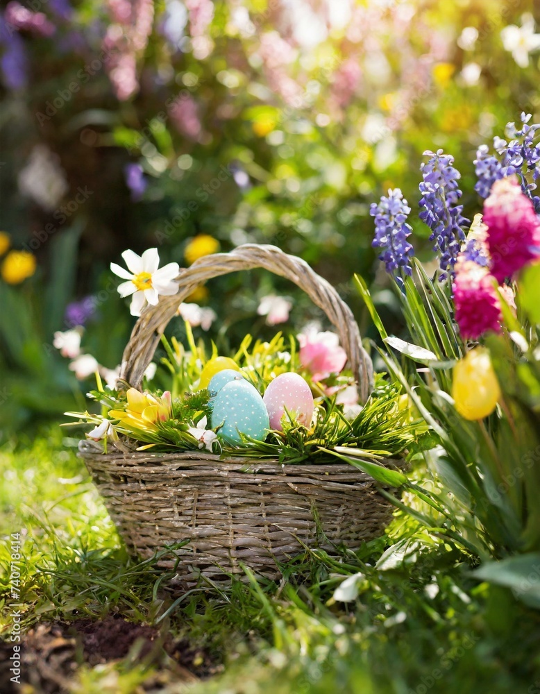 Osterkorb steht im Garten - Blumen und Wiesen zieren das Bild Osterkorb steht im Garten - Blumen und Wiesen zieren das Bild