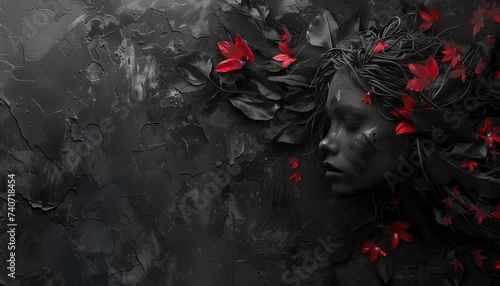 Abstract black background, 3d rendering of a black woman with red flowers on black textured background photo