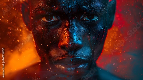 Black man in an artistic portrait with contrasts between warm and chilly lighting