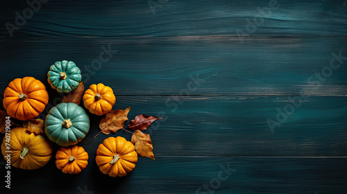 A group of pumpkins with dried autumn leaves and twigs, on a dark cyan color wood boards
