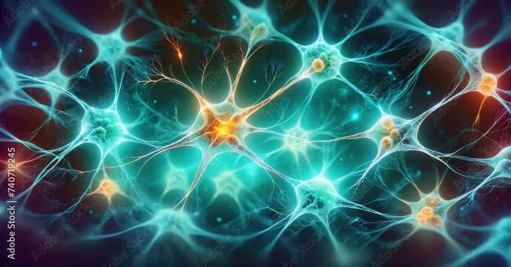 Neurons and Microglia. Microglial cells are the most prominent immune cells of the central nervous system (CNS). Interconnected neurons cells with electrical pulses. Glowing synapse. Hologram view. Neurons and Microglia. Microglial cells are the most prominent immune cells of the central nervous system (CNS). Interconnected neurons cells with electrical pulses. Glowing synapse. Hologram view.