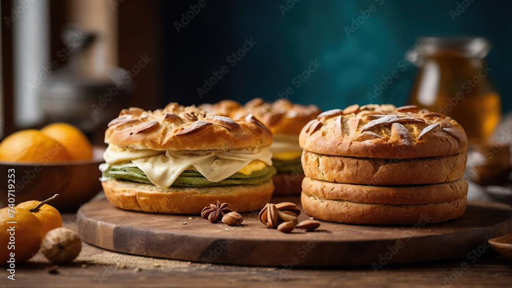vibrant and appetizing captures a variety of baked goods created by the skilled hands of bakers. Gorgeous bread rolls, perfectly golden croissants, fresh and fragrant baguettes are present