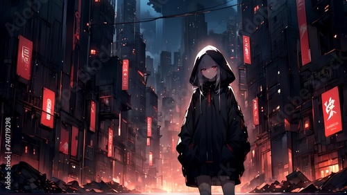 Cute but sad anime girl with city background, digital art, illustration, anime wallpaper © Serejasolov