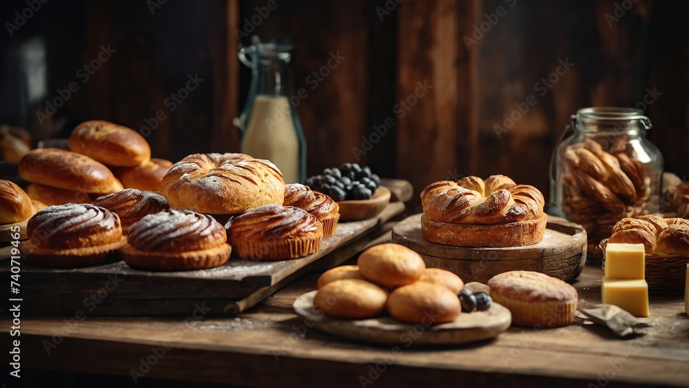 vibrant and appetizing captures a variety of baked goods created by the skilled hands of bakers. Gorgeous bread rolls, perfectly golden croissants, fresh and fragrant baguettes are present vibrant and appetizing captures a variety of baked goods created by the skilled hands of bakers. Gorgeous bread rolls, perfectly golden croissants, fresh and fragrant baguettes are present