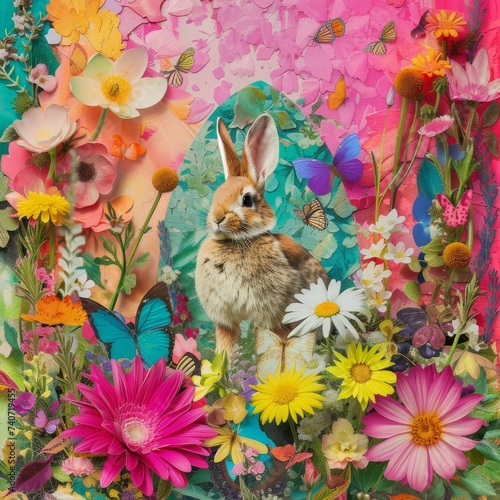 bunnies amidst a garden of flowers, adorned with decorated eggs.
