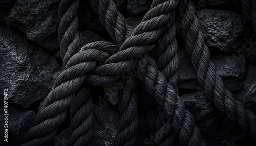 Black rope on the black coal background. Close-up photo. Black background