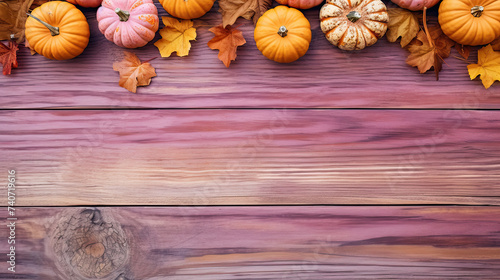 A group of pumpkins with dried autumn leaves and twigs, on a light maroon color wood boards