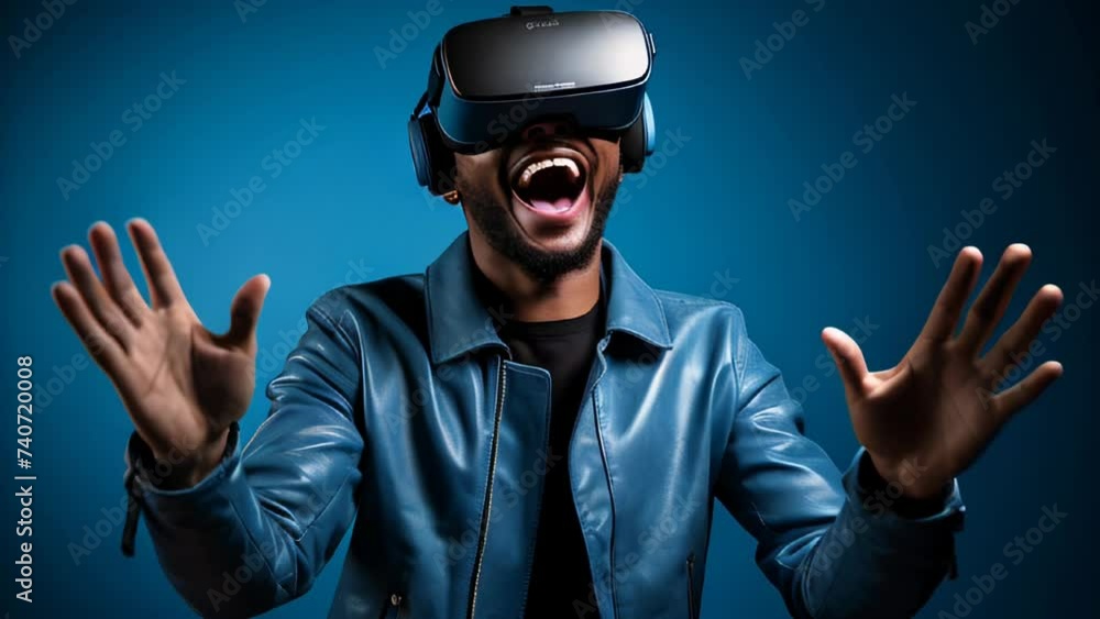 VR equipment on a man laughing and enjoying the program VR equipment on a man laughing and enjoying the program