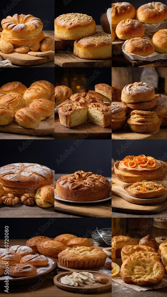 vibrant and appetizing captures a variety of baked goods created by the skilled hands of bakers. Gorgeous bread rolls, perfectly golden croissants, fresh and fragrant baguettes are present