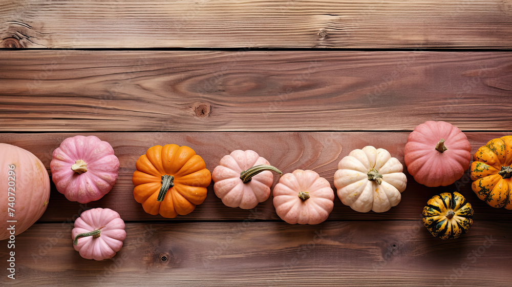 A group of pumpkins with dried autumn leaves and twigs, on a light pink color wood boards