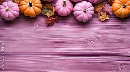 A group of pumpkins with dried autumn leaves and twigs  on a light magenta color wood boards