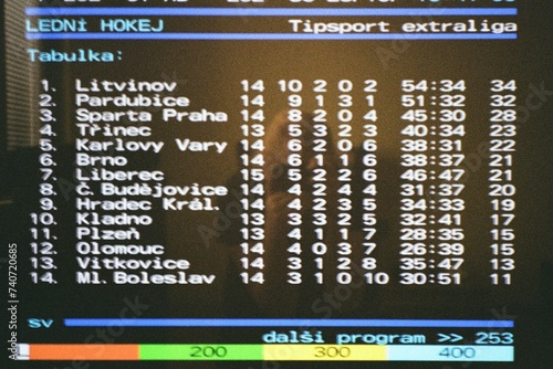 table of hockey extra league on  teletext of Czech Television on 28 October  2023 on analog photo - blurriness and noise of scanned 35mm film were intentionally left in image