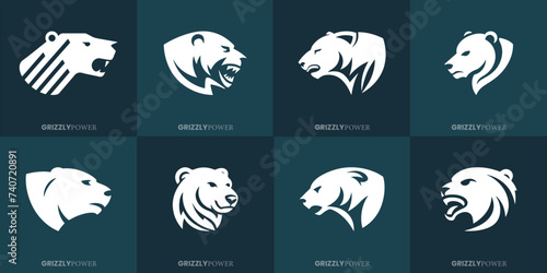 Monochrome Weiße Grizzlybärköpfe: Vektorgrafik Firmenlogo Bündel