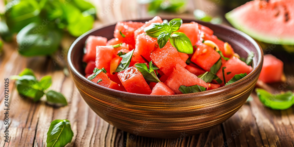 Bowl with delicious watermelon salad on wooden table, ai technology