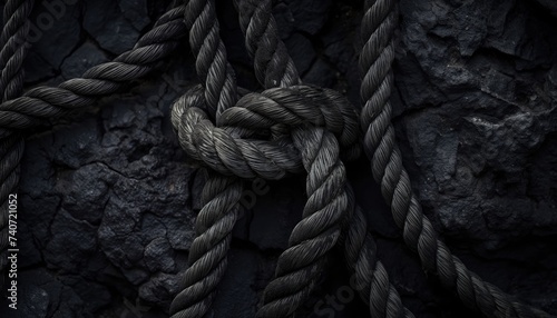 Black background. Rope knot on the black coal background. Close-up. photo