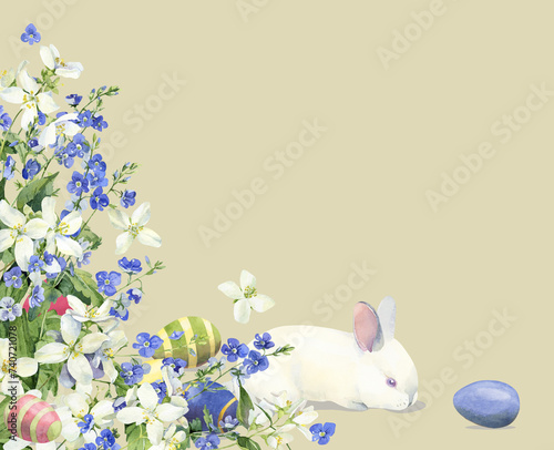 Watercolor picture for Easter with a rabbit and flowers