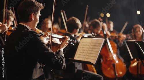 Professional symphonic orchestra performing on stage and playing a classical music concert photo