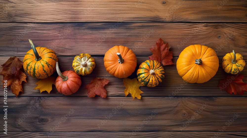 A group of pumpkins with dried autumn leaves and twigs, on a colorful color wood boards A group of pumpkins with dried autumn leaves and twigs, on a colorful color wood boards