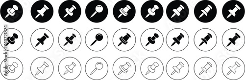 Push pin icons set. Thumbtack for note attach. Paperclip symbol Pushpin flat and line style collection isolated transparent background A needle for fixing on a board or map stock vector for web or app