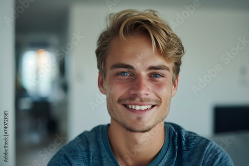 Confident young man with blonde hair smiling at the camera indoors. Concept Portrait, Smiling, Confidence, Indoor, Young Man