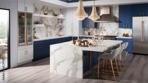 A luxurious white and blue kitchen with gold hardware, Bosch and Samsung stainless steel appliances, and white marbled granite counter tops