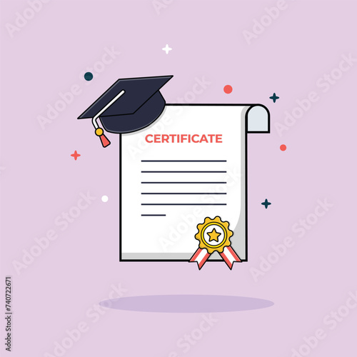 Graduation Certificate with Medal and Hat Vector Illustration.