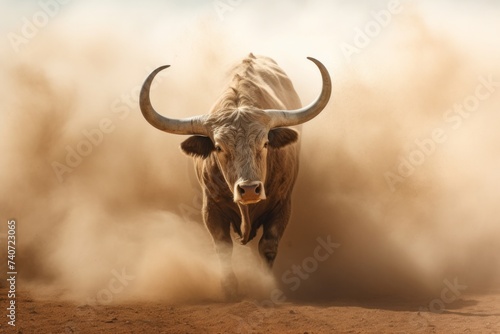A large bull raises dust with its furious running against the backdrop of sunset rays, a symbol of the state of Texas, bullfighting © Sunny