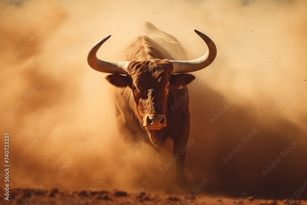 A large bull raises dust with its furious running against the backdrop of sunset rays, a symbol of the state of Texas, bullfighting