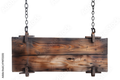 Empty rectangular banner from wooden board hanging on chains isolated on a white background. photo