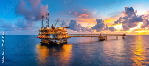 Offshore oil rig platform in late evening on open sea with blue waters, oil drilling industry