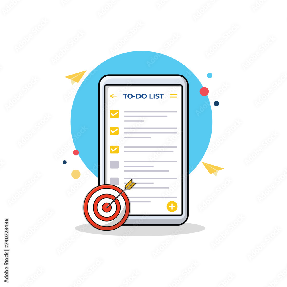 Todo List in Smartphone with Target Symbol Vector Illustration. Work Process Concept Design Todo List in Smartphone with Target Symbol Vector Illustration. Work Process Concept Design
