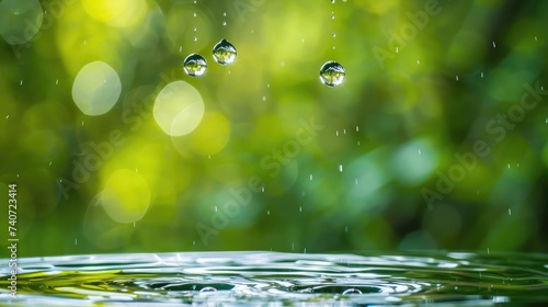 close up of three droplets in a blurred green background