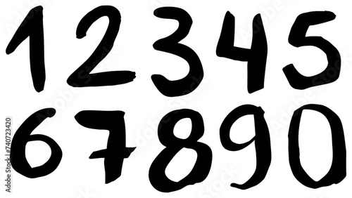 Numbers from 0 to 9. Handwritten with brush, black ink, vector illustration, marker pen. Irregular shapes, isolated on white background. Number, organic shape, 1, 2, 3. 