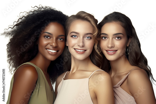 three women of various races on white background giving an image of joy and well-being, ai generative
