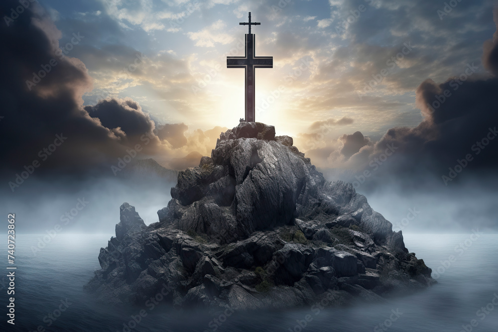 A large cross atop a rocky outcrop, surrounded by mist, under a dramatic sky with emerging sunlight. ai generative - obrazy, fototapety, plakaty 