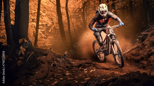 A mountain biker, wearing protective gear, rides aggressively through a muddy trail in a forest with autumn foliage, ai generative © larrui