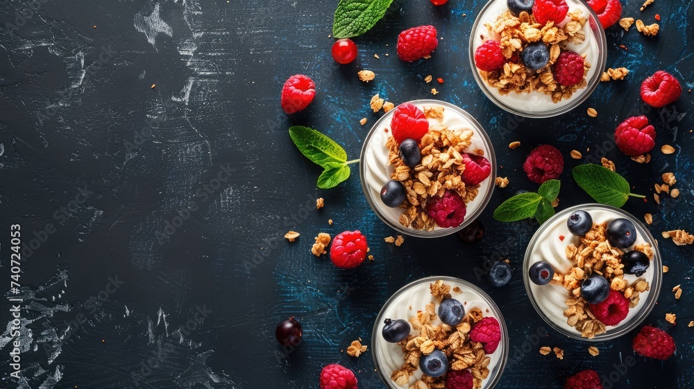 Greek yogurt granola and berry mix. Top view.