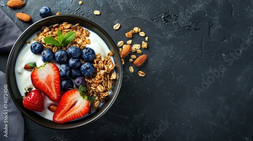 Granola with yogurt and berries for healthy breakfast. Bowl of greek yogurt with granola, almonds, blueberries and strawberries, top view, copy space.