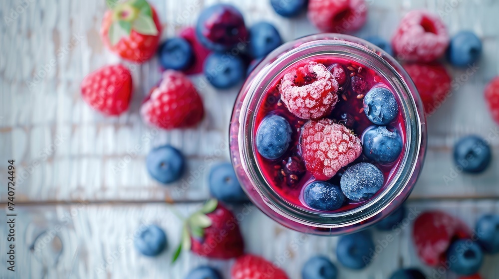 Healthy blueberry and raspberry parfait in a mason jar on a rustic white wood background - obrazy, fototapety, plakaty 