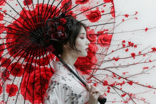 Serene Beauty in Traditional Kimono with Red Floral Parasol on Splattered Backdrop