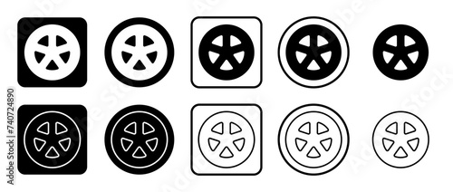Icon set of car wheel symbol. Filled, outline, black and white icons set, flat style. Vector illustration on white background