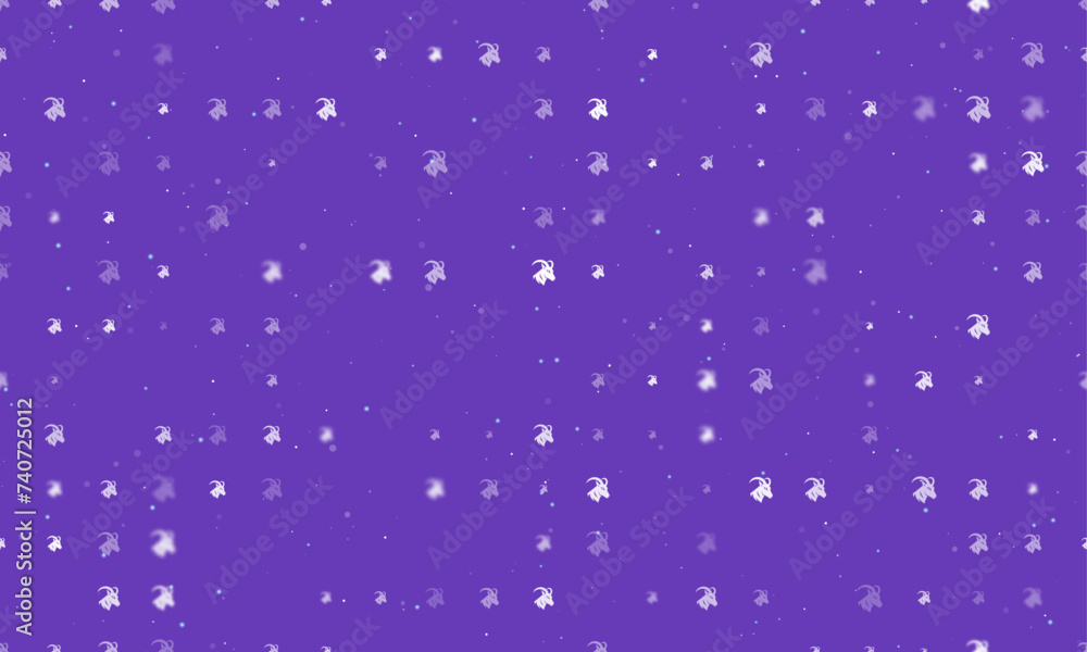 Seamless background pattern of evenly spaced white goat's head symbols of different sizes and opacity. Vector illustration on deep purple background with stars Seamless background pattern of evenly spaced white goat's head symbols of different sizes and opacity. Vector illustration on deep purple background with stars