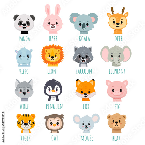 Fototapeta Naklejka Na Ścianę i Meble -  Set of cartoon animals. Doodle illustration of bear, wolf, fox, deer, raccoon, hare, panda, fox, lion, koala, owl, hippo, mouse for cards, magazins, banners. Flat style. 