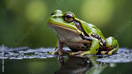 A lively green frog, adorned with black spots, gazes out with its warm brown eyes on a leap day in february, blending seamlessly into the lush outdoor world of wildlife as a true amphibian