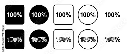 Icon set of 100 percent symbol. Filled, outline, black and white icons set, flat style.  Vector illustration on white background