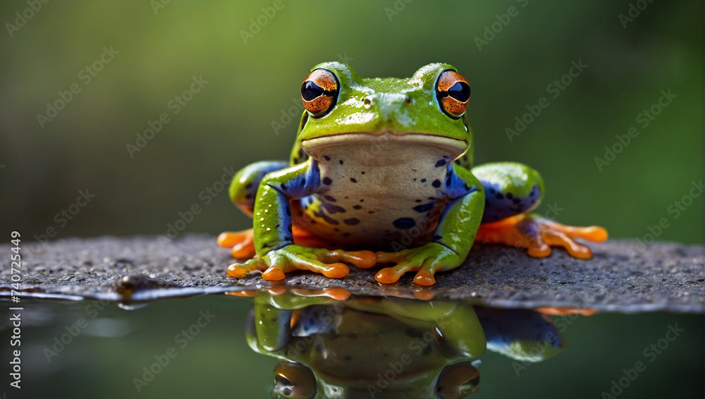 Fototapeta premium A vibrant green frog gracefully perches on a rugged rock, embodying the spirited leap of a true amphibian on this february day in the wild outdoors
